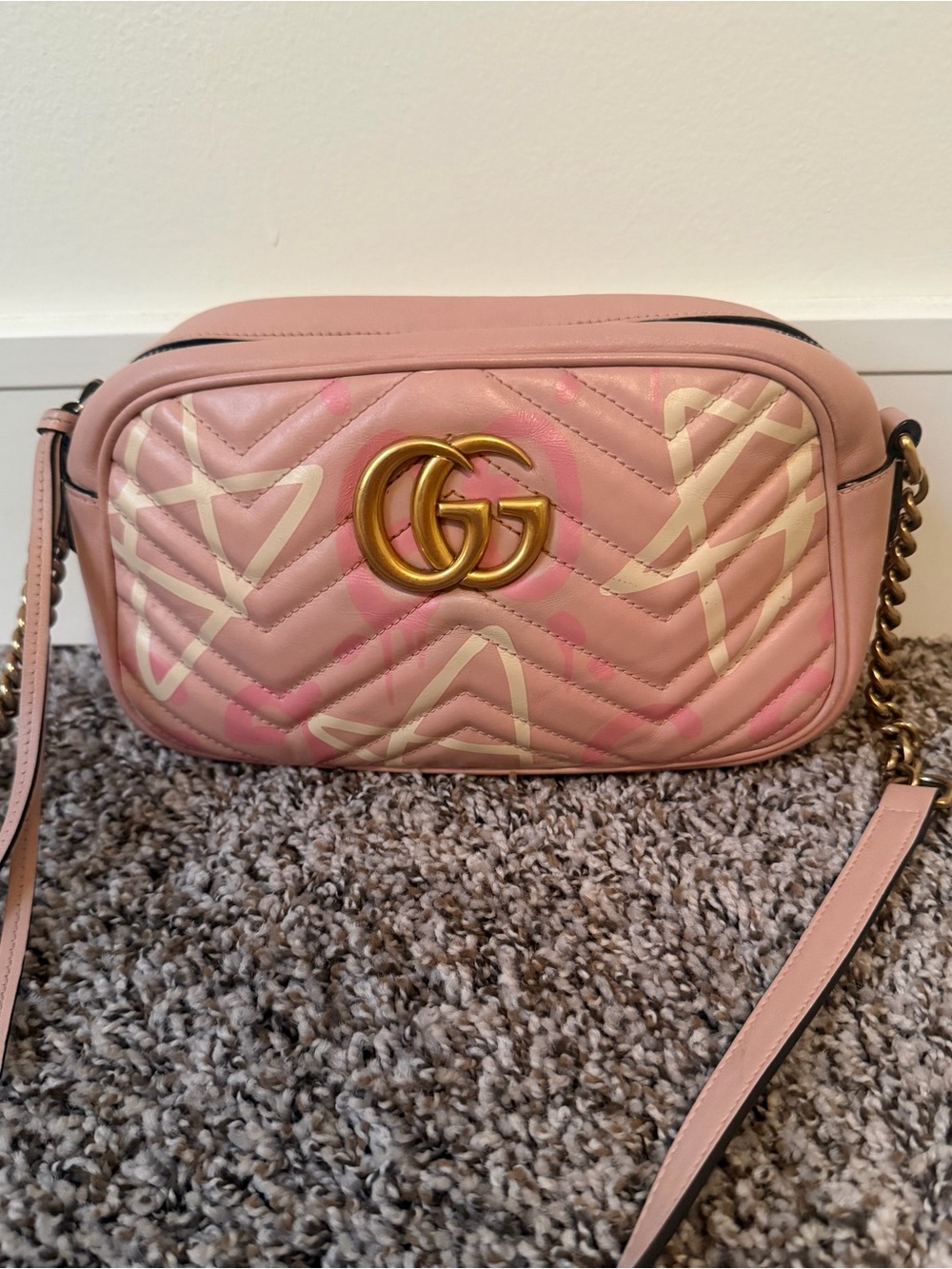 Gucci Pink Quilted GG Marmont Crossbody Bag with Cream Accents